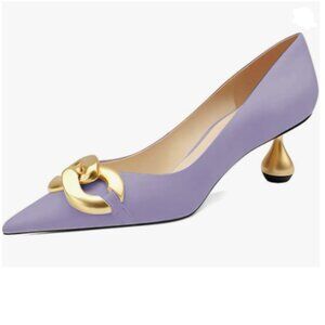 XYD Plum Low Heel Pointed Toe Pumps with Metal Chain Solid Golden Heeled Shoes